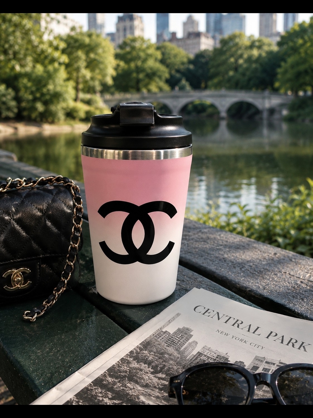 Vintage Nrw Old Stock Y2K CHANEL Pink-2-White Ombre Travel Tumbler Black CC Logo